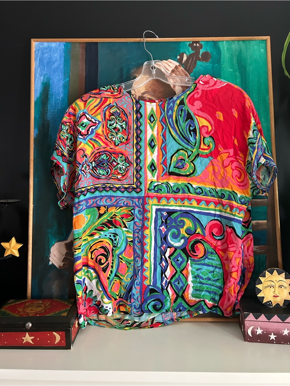 Carol Little Colorful Abstract Paisley Print Blouse Short Sleeve Women Size 2